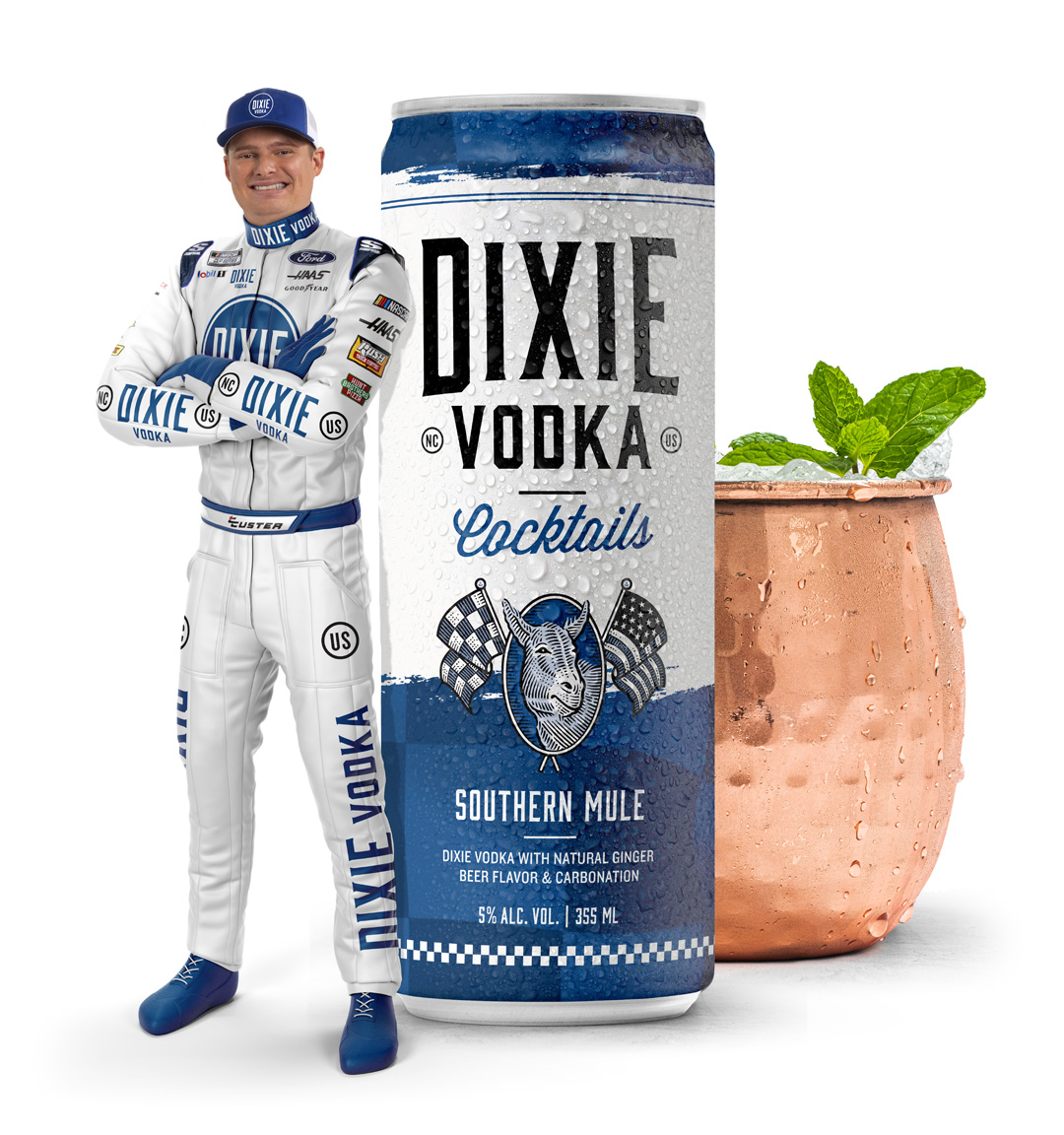 Cole Custer with Dixie Vodka Ready-To-Drink Southern Mule can and cocktail